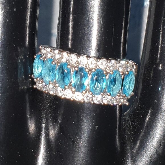 ✨ Elegant Vintage Austrian Blue & White Crystal Silver Plated Ring ✨ - Picture 1 of 11